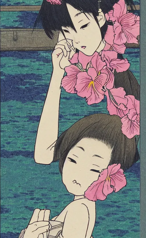 Prompt: by akio watanabe, manga art, a girl on wooden lake bridge and iris flowers, trading card front, kimono, realistic anatomy