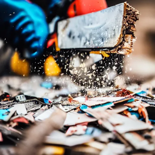 Image similar to book ripped up by a chainsaw, pieces flying everywhere, close up, dslr photo