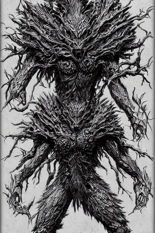 Image similar to armoured tree human figure monster, symmetrical, highly detailed, digital art, tree armour, sharp focus, trending on art station, kentaro miura manga art style