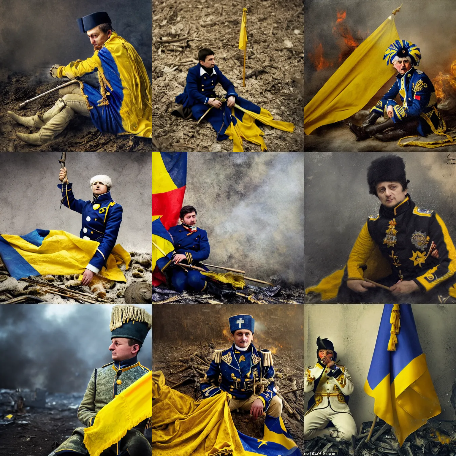 Prompt: Volodymyr Zelensky at war, dressed like Napoleon Bonaparte, sitting on the ground between dead corpses , crying and weeping, holding a half burnt blue and yellow flag of Ukraine, sharp focus, depth of field, hyper detailed, hyper realistic, High definition, in the style of Lynsey Addario