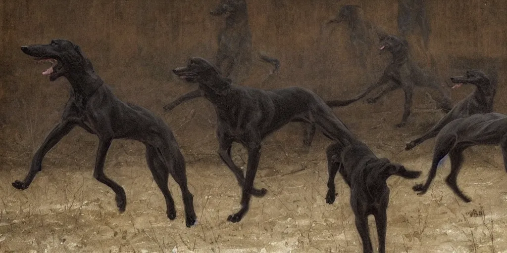 Prompt: black greyhounds running in the night, dark environment, by john charles dollman, nicola samori and andrew wyeth. highly detailed, realistic. dark atmosphere