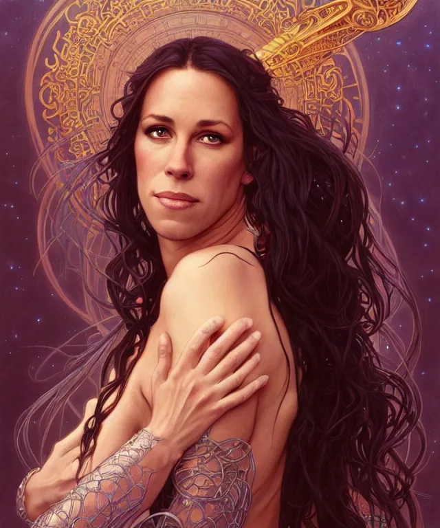 Image similar to Alanis Morissette as a fantasy magic woman portrait, sci-fi, amber eyes, face, long hair, fantasy, intricate, elegant, highly detailed, digital painting, artstation, concept art, smooth, sharp focus, illustration, art by artgerm and greg rutkowski and alphonse mucha