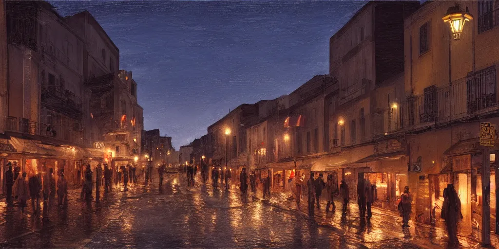 Prompt: cadiz street at night, crowded, 8K, trending on artstation, golden ratio, rule of thirds, low key, establishing shot, extremely high detail, concept art