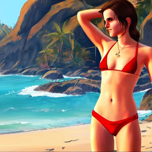 Image similar to emma watson in red bikini in gta v taking a selfie on the beach, cover art by stephen bliss, artstation, no text