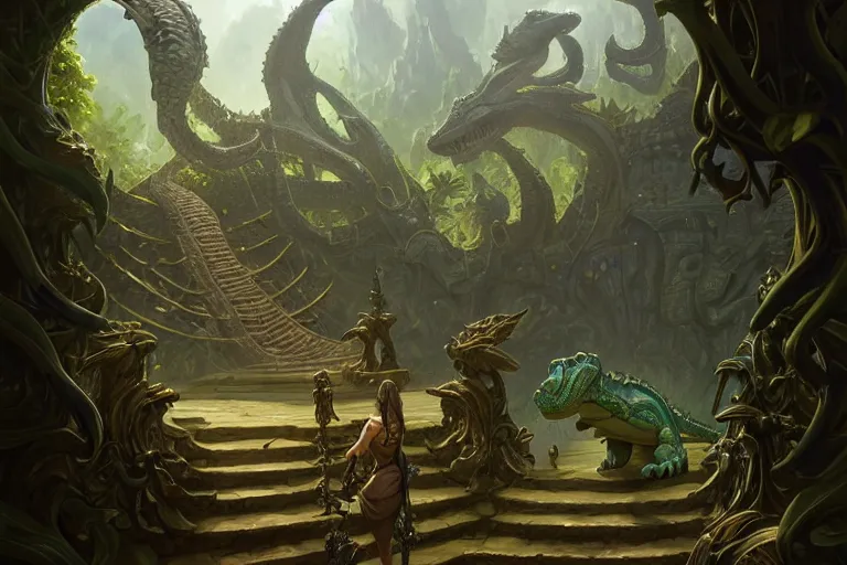 Image similar to path to the crocodile god lair, menacing statues of reptiles, deep focus, d & d, fantasy, intricate, elegant, highly detailed, digital painting, artstation, concept art, matte, sharp focus, illustration, hearthstone, art by artgerm and greg rutkowski and alphonse mucha