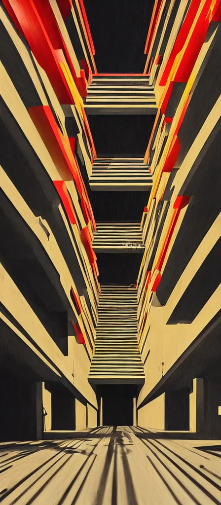 Image similar to colorful minimalist industrial interior stairwell with monolithic pillars in the style of ridley scott and stanley kubrick, impossible stijl architecture, lone silhouette in the distance, ultra wide angle view, cinematic, god rays, volumetric lighting, realistic detailed painting by edward hopper