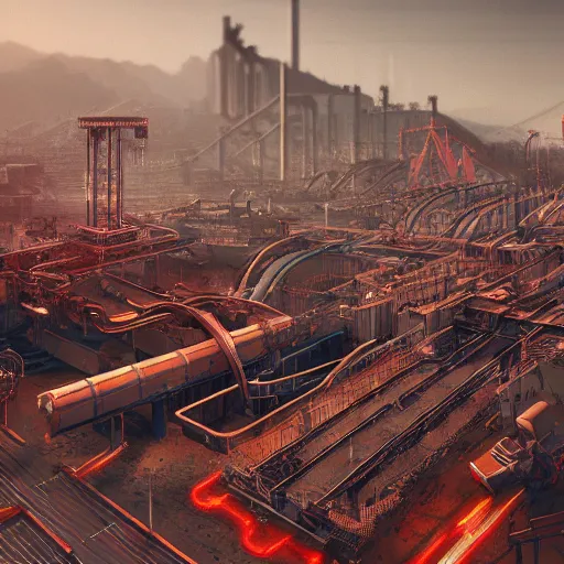 Image similar to factorio production line, intricate artwork by tooth wu and wlop and beeple. octane render, trending on artstation, greg rutkowski very coherent symmetrical artwork. cinematic, hyper realism, high detail, octane render, 8 k, red and black tones