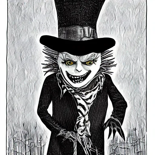 Image similar to a Pop Wonder scary horror themed goofy-hilarious-character Jack-Frost-Babadook-scarecrow-madhatter-williewonka-wearing a scarf, 3-piece-suit, dime-store-comic drawn with charcoal and pen and ink, half-tone-line-stacking