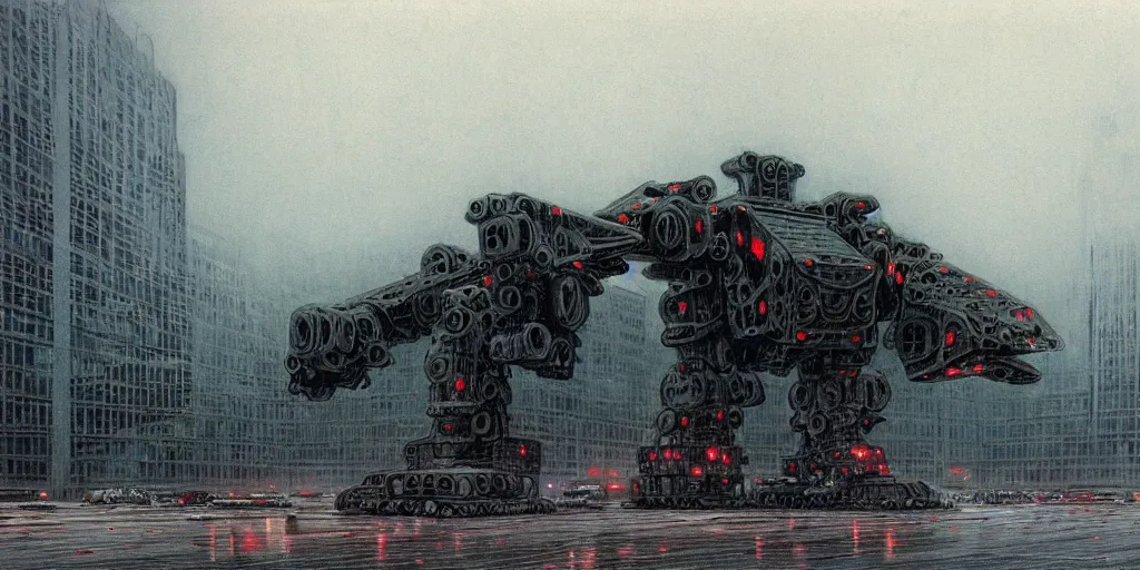 Prompt: matte painting of gigantic huge mech covered with wounds, black, pastel matte colors, staying in the foggy huge parking station, by moebius, hyperrealism, intricate detailed