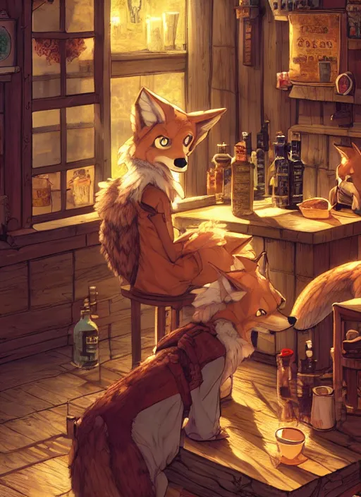 Image similar to anthro coyote fursona barmaid in a cozy tavern, hidari, color page, tankoban, 4K, tone mapping, Akihiko Yoshida.