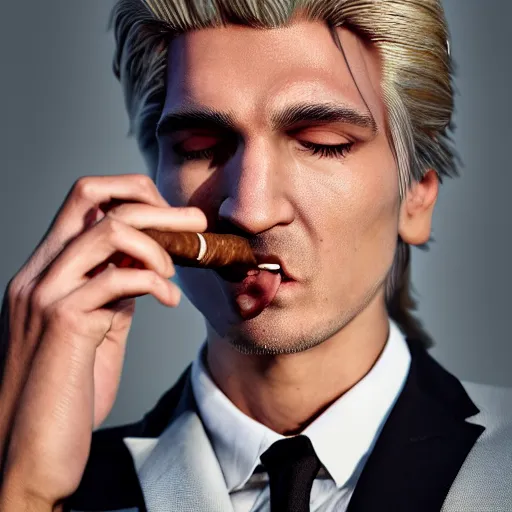 Image similar to a closeup photo of handsome gigachad xqc smoking a cigar, 8k photorealism, extremly detailed, trending on artstation