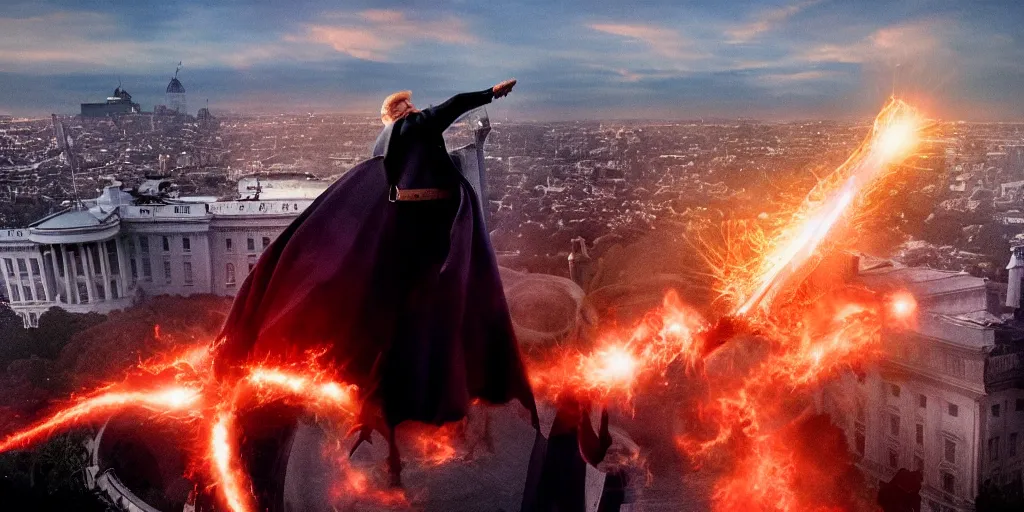 Prompt: a professional cinematic photo of donald trump fighting sauron on top of white house. extremely high fidelity. key light.