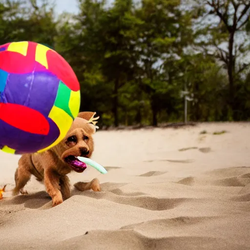 Image similar to snarling hellhound dog playing with a colorful beachball in hell