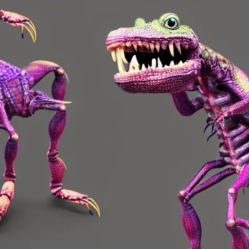 Prompt: zoomed out full body detailed photo realistic 3d render of purple alien reptile creature crustacean character concept with many legs 4k