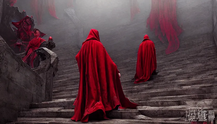 Image similar to figures in red cloaks ascend huge creepy fantasy stairs, cinematic, movie still, art by ruan jia and albert voidstar