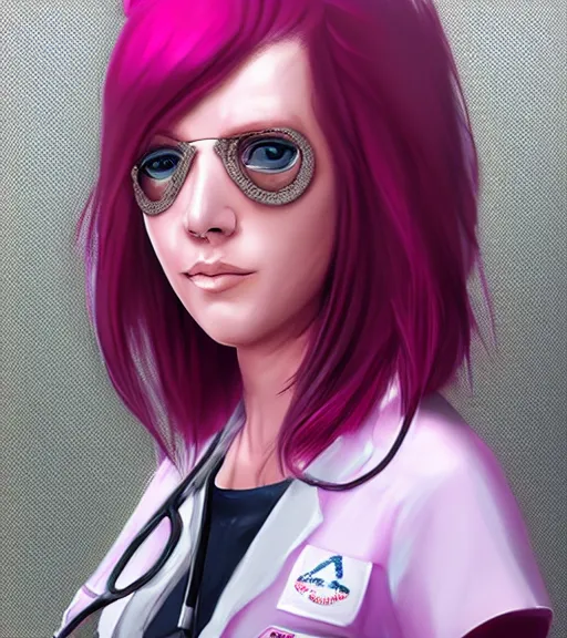 Image similar to portrait of pink haired woman in nurse uniform wearing an eyepatch, trending on artstation