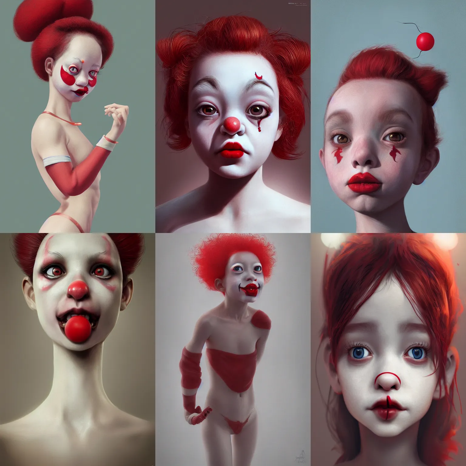 Prompt: breathtaking detailed painting of tiny clown girl ,red nose, piercing eyes, art by Hsiao-Ron Cheng, hyperrealistic, octane render, ambient light, dynamic lighting