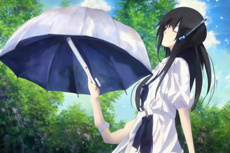 Prompt: mayuri shiina from steins gate, beautiful anime, oil painting, holding a umbrella, watching the stars, cuta anime