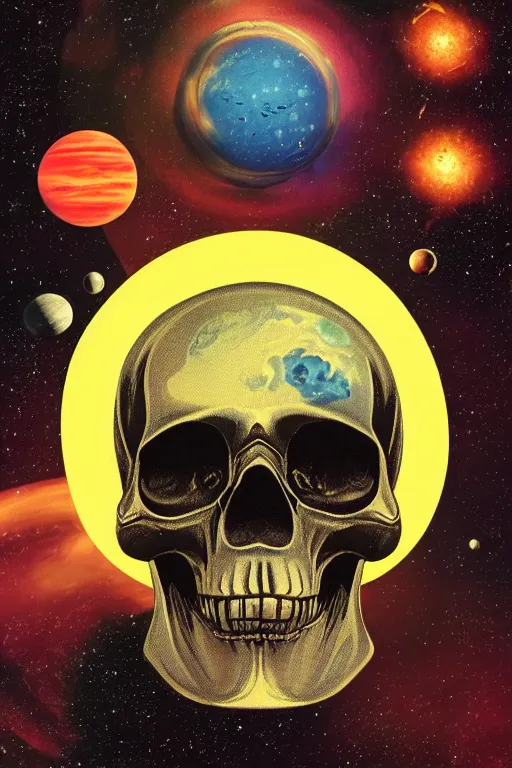 Image similar to vintage sci-fi book cover, depicting a gigantic chrome skull in space, stars and planets visible, highlights, nebula, color bleed, film grain