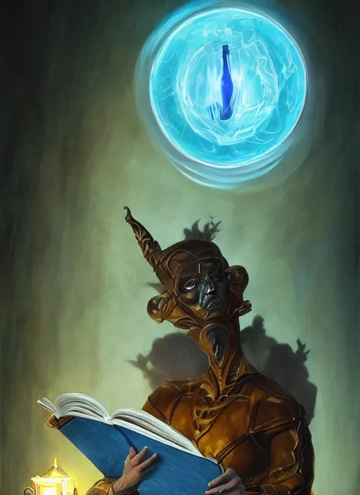 Prompt: Magic Floating Thespian Mask reading a book, no body, bodyless, theater mask, Ivan Aivakovsky, Boris Vallejo, epic fantasy character art, D&D Concept Art, full length, Realistic, Regal, Refined, extremely detailed, Detailed Digital Art, Oil Paining, Exquisite detail, post-processing, masterpiece, Cinematic Lighting, Unreal Engine, 8k, HD, Stanley Artgerm Lau, WLOP, Rossdraws, Frank Frazetta, Andrei Riabovitchev, Marc Simonetti, trending on artstation, flawless