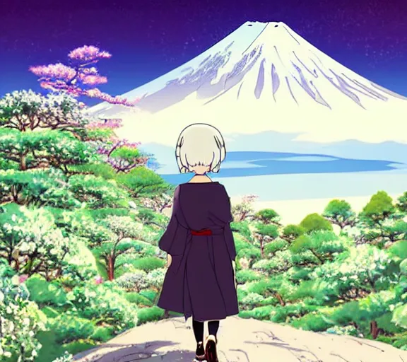 Image similar to beautiful silver hair young woman walking up Mount Fuji in the style of studio ghibli manga