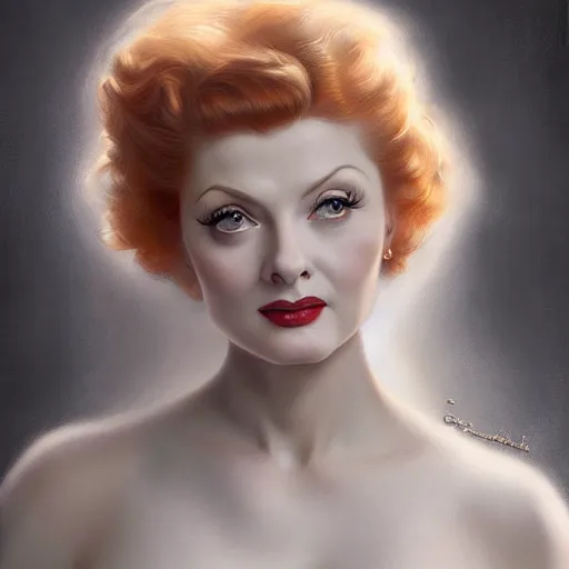 Image similar to beautiful striking Pre-Raphaelite Lucille Ball by Artgerm and Greg Rutkowski, pale, intricate, elegant, highly detailed, digital painting