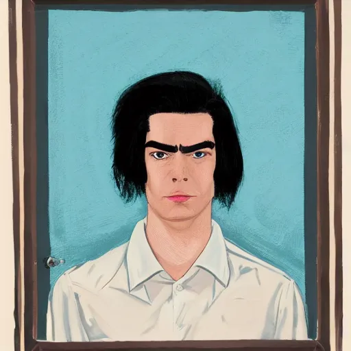 Prompt: a fine art portrait of a man with black hair that is shorter on the sides, wonky eyebrows that are different sizes. Bags under his eyes. In the style of Stanley Kubrick and Wes Anderson, Art directed by Edward Hopper.