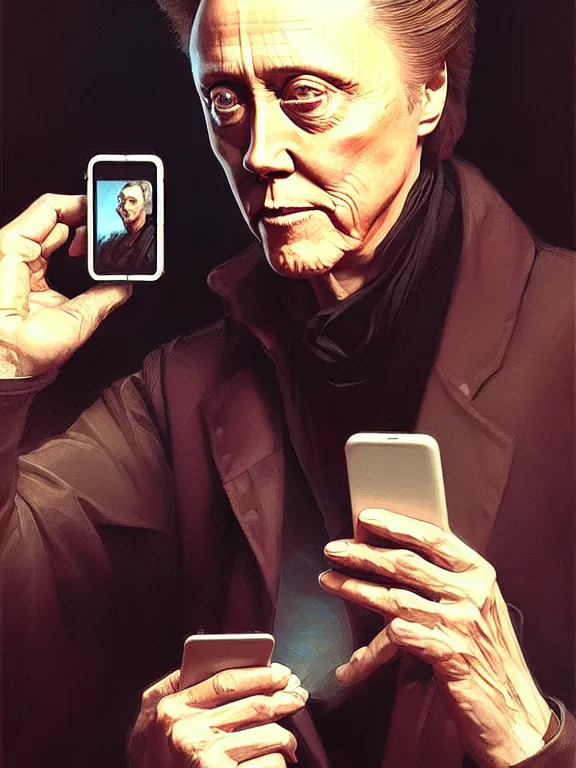 Image similar to portrait of christopher walken playing on his phone, intricate, headshot, highly detailed, digital painting, artstation, concept art, sharp focus, cinematic lighting, illustration, art by artgerm and greg rutkowski, alphonse mucha, cgsociety