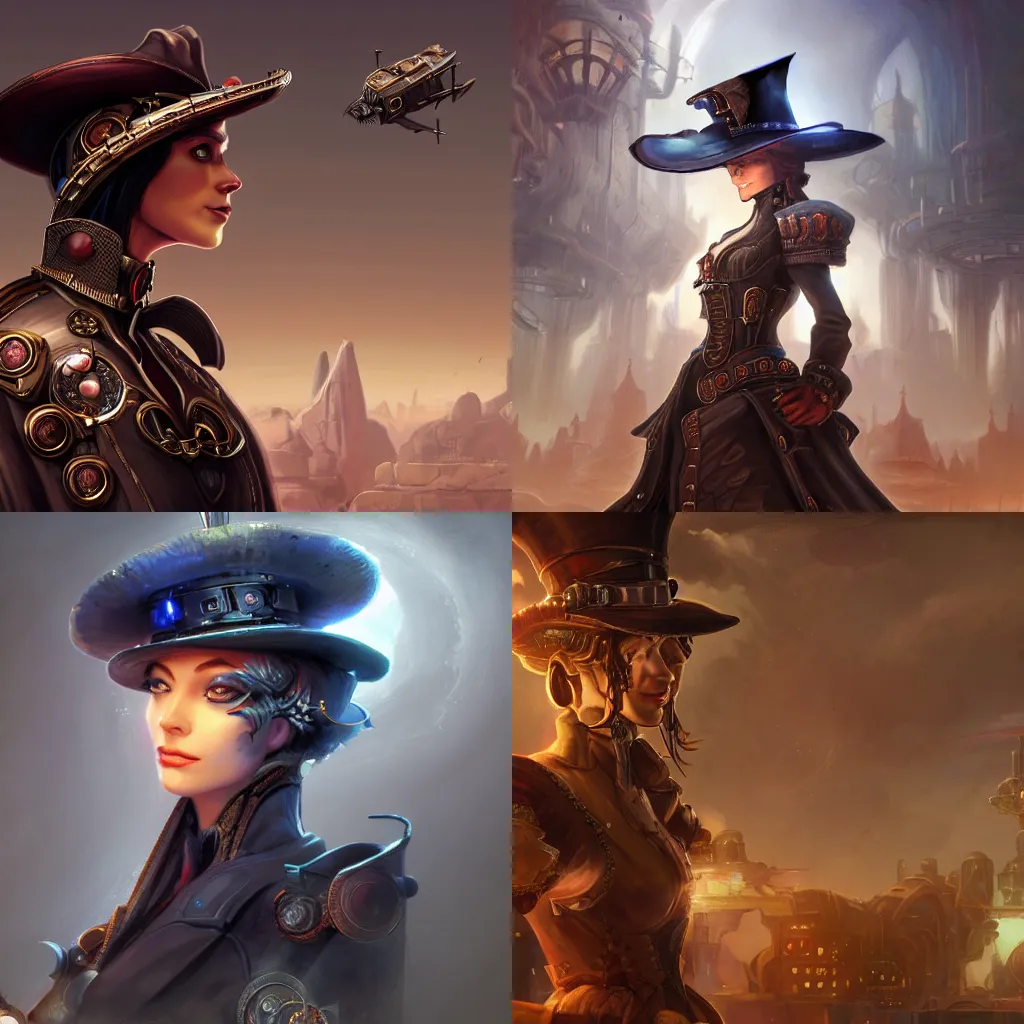 Prompt: a side-view portrait of a noble slender gunslinger in hat in the center, posing with crossed arms, steampunk spaceship on background, by tyler edlin and lindsey look, victorian, concept art, steam romance, adventure, detailed, 4k resolution, trending on artstation