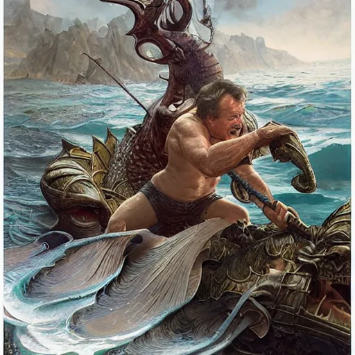 Prompt: robin williams in an epic battle with a sea monster, fantasy, d & d, intricate, elegant, highly detailed, digital painting, artstation, concept art, matte, sharp focus, illustration, art by john collier and albert aublet and krenz cushart and artem demura and alphonse mucha