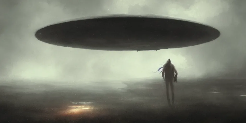 Image similar to epic cinematic concept art of an ufo during an giant, cloudy, foggy, storm, night setting. realistic shaded concept art by greg rutkowski, radiant light, detailed and intricate environment, digital art, trending on art station, illustration