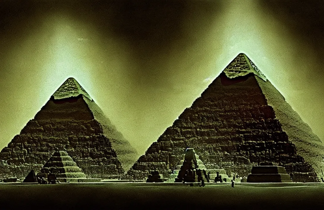 Prompt: result is a sophisticated interplay between warm, cool, light and dark colors. the pyramid of figures is drawn together intact flawless ambrotype from 4 k criterion collection remastered cinematography gory horror film, ominous lighting, evil theme wow photo realistic postprocessing divisionism emerging from lush greenery queen of heaven building by frank lloyd wright