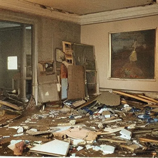 Prompt: The digital art shows a scene of total destruction. A room has been completely wrecked, with furniture overturned, belongings strewn about, and debris everywhere. The only thing left intact is a single photograph on the wall. This photograph is the only evidence of what the room once looked like. It shows a tidy, well-appointed space, with everything in its place. The contrast between the two images is stark, and it is clear that the destruction was complete and absolute. 2010s by Robert Irwin rigorous