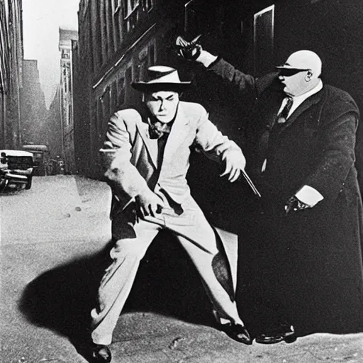 Image similar to old black and white photo, 1 9 2 5, depicting batman fighting a al capone in an alley of new york city, rule of thirds, historical record