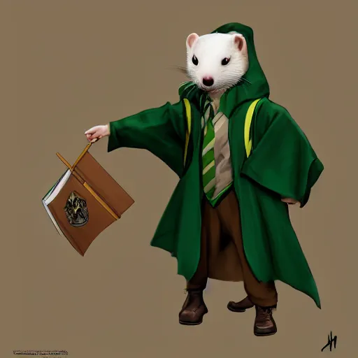 Image similar to a anthropomorphic ferret is dressed as a hogwarts student in slytherin robes, hyperdetailed, artstation, cgsociety, 8 k