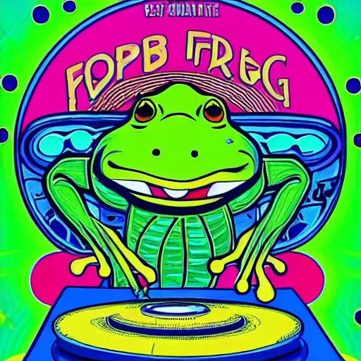 Prompt: frog rave poster, large bullfrog DJ, lots of frogs dancing on drugs, psychedelic, bright lights, loud music, intense club, cartoon, no text