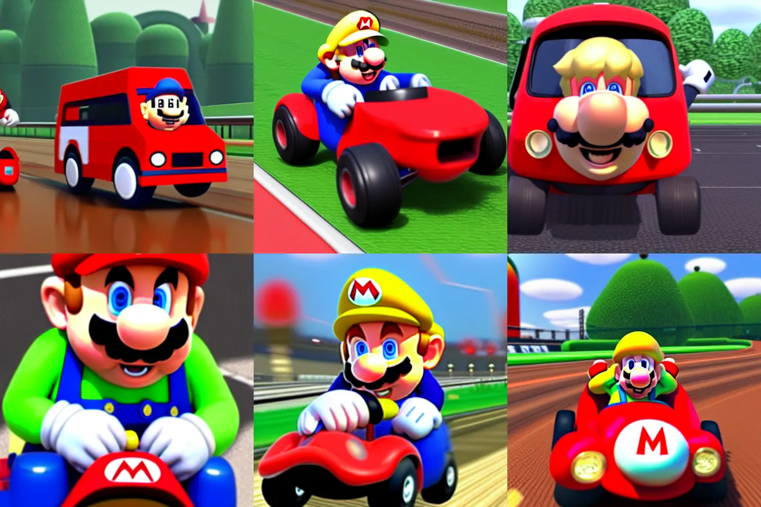 Prompt: Boris Johnson as a character in Mario kart riding a red bus, Nintendo. Dirt track, rainy day. Game render