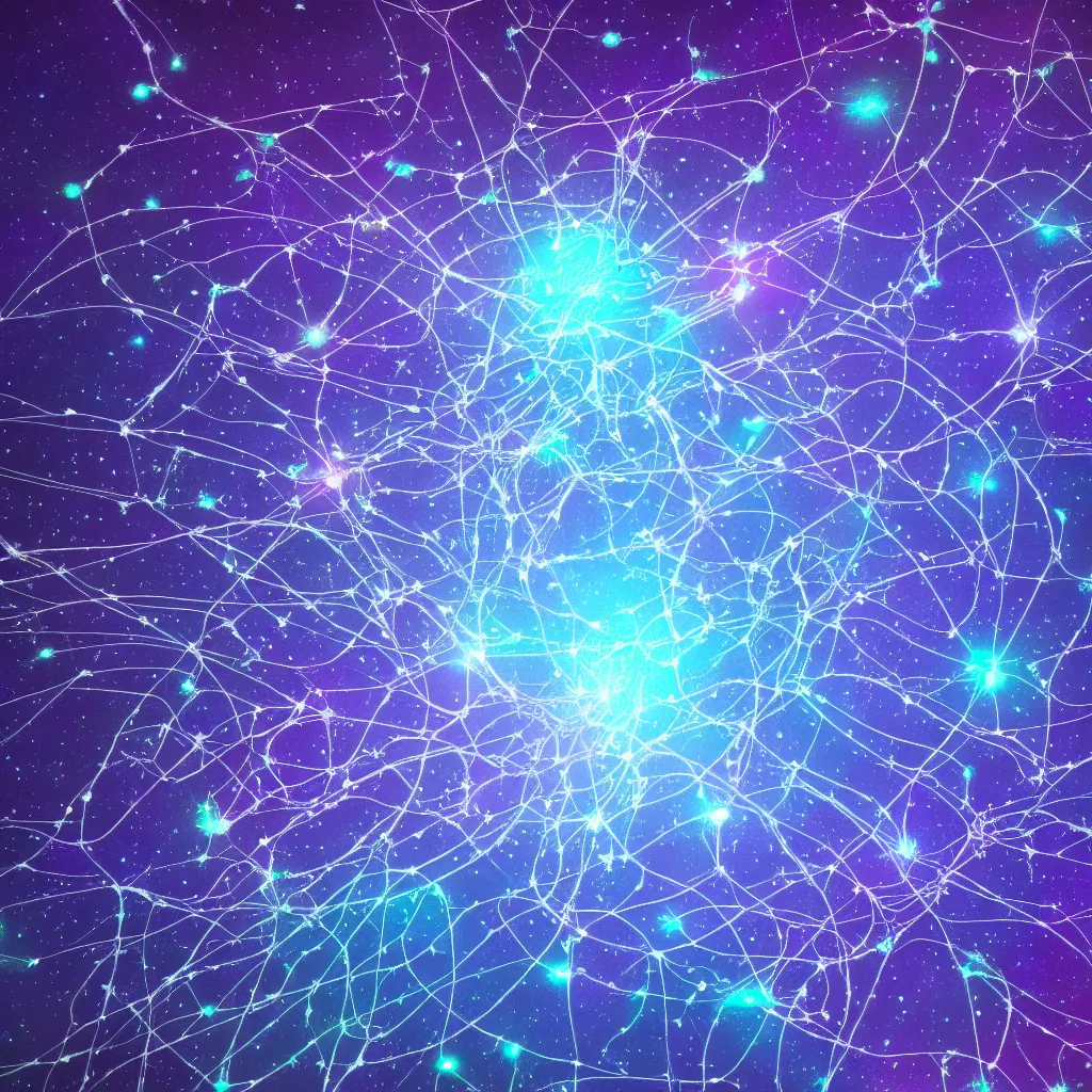 Prompt: biological neuron cell network like space stars, iridescent, artstation, fine detail, violete and blue color scheme