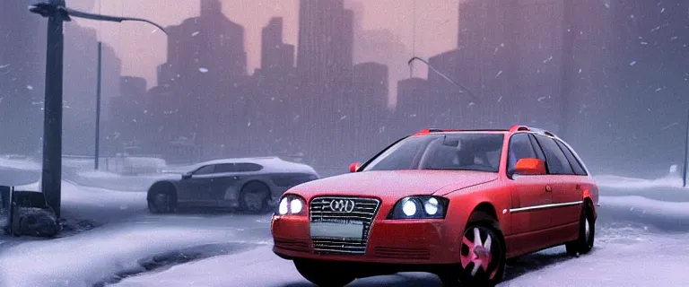 Image similar to Audi A4 B6 Avant (2002), a gritty neo-noir, dramatic lighting, cinematic, eerie person, death, homicide, homicide in the snow, viscera splattered, gunshots, bullet holes, establishing shot, extremely high detail, photorealistic, arson, cinematic lighting, artstation, by simon stalenhag, Max Payne (PC) (2001) winter New York at night, In the style of Max Payne 1 graphic novel, flashing lights, Poets of the Fall - Late Goodbye