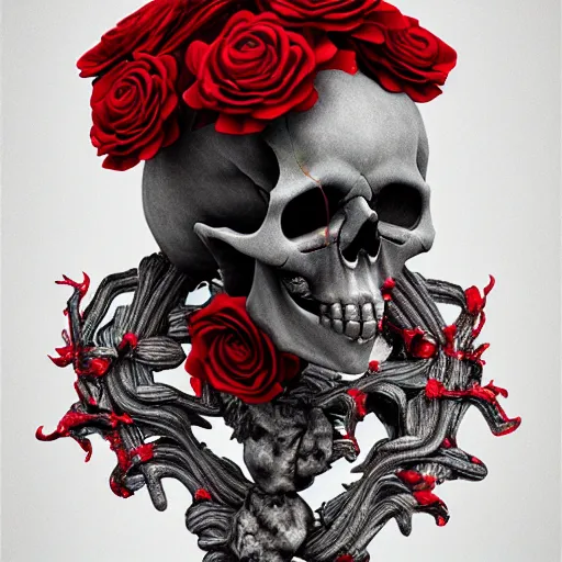 Image similar to skull made of red roses, organic horror, devil, death, giger, epic, baroque, art nouveau, james jean, photorealistic render, 3 ds max + v - ray, extremely detailed and intricate, center composition, elegant, vfx, unreal engine 5, octane render, extremely contrast, extremely sharp lines