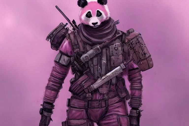 Image similar to a good ol'pink panda girl fursona ( from the furry fandom ), heavily armed and armored facing down armageddon in a dark and gritty version from the makers of mad max : fury road. witness me.