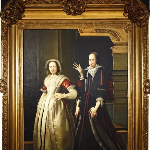 Image similar to oil on canvas painting no frame. two women in a vast castle lobby wearing fine clothes, two men looking at one of her in the distance. dark room with light coming through the right side of the place. baroque style 1 6 5 6. high quality painting, no distortion on subject faces.