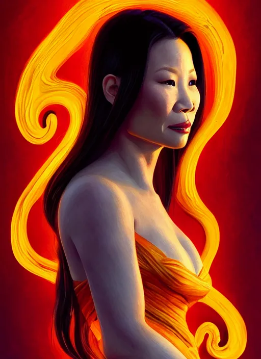 Prompt: painted portrait, lucy liu as fire elemental, d & d, gloomhaven, soft luminescent glow, art nouveau, beautifully backlit, ripples, swirly vibrant color lines, fantastically gaudy, aesthetic octane render, 8 k hd resolution, by picasso, ilya kuvshinov, cushart krentz, gilleard james