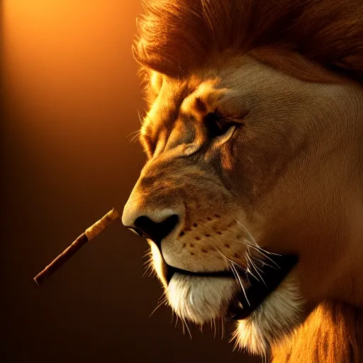 Image similar to a lion smoking a cigar, dramatic lighting, cinematic, establishing shot, extremely high detail, foto realistic, cinematic lighting, post processed, concept art, high details, cinematic, 8k resolution, beautiful detailed, photorealistic, digital painting, artstation, concept art, smooth, sharp focus, artstation trending, octane render, unreal engine