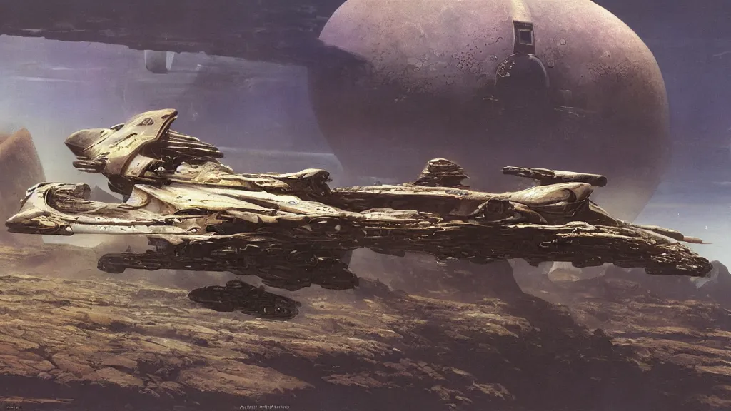 Image similar to organic dropship lander by john schoenherr and jim burns, epic cinematic matte painting