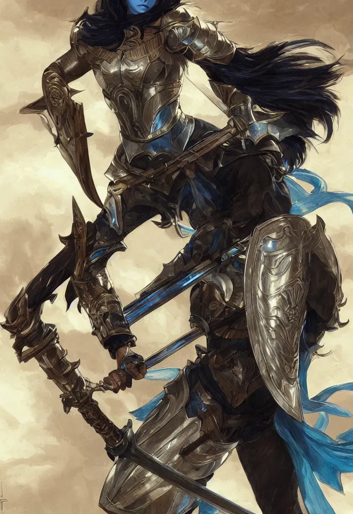 Image similar to woman dressed in plate armor with black hair and blue eyes wielding a greatsword, elegant, digital illustration, fire magic, detailed, intricate, sharp focus, digital painting, deep focus, digital painting, artstation, concept art, matte, art by artgerm and greg rutkowski and alphonse mucha