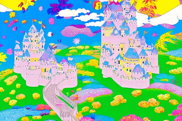 Image similar to an old castle on a seaside cliff by chiho aoshima and lisa frank and heremia ketner coloring book like art