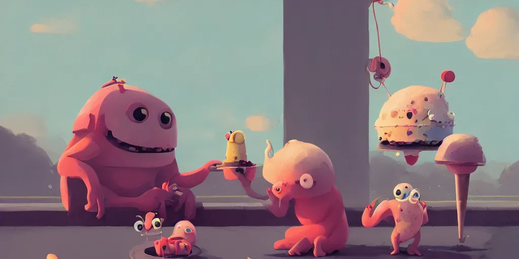 Image similar to Cute monster eating ice cream by Goro Fujita and Simon Stalenhag , 8k, trending on artstation, hyper detailed, cinematic