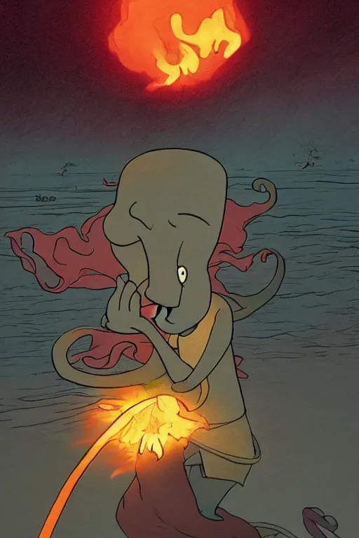 Image similar to squidward firebending outside at susnset, art by [ [ moebius ] ]