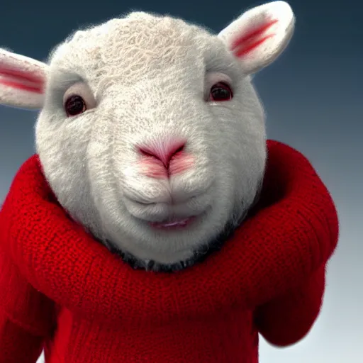 Image similar to lamb wearing a red sweater, walking on to legs, concept art, octane render, unreal engine 5, highly detailed, high quality, 8 k, soft lighting, realistic face, path traced